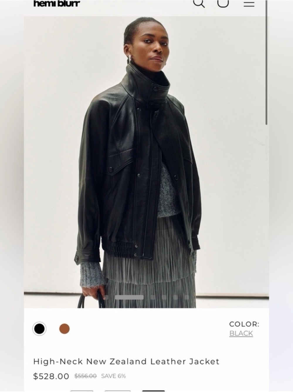 High-Neck Leather Bomber Jacket - Black
